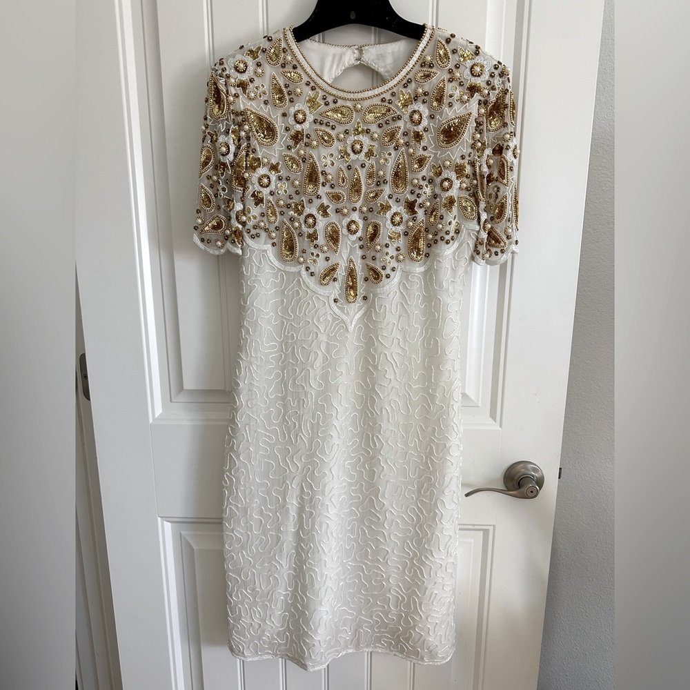 Vtg 80s Laurence Kazar Beaded Cocktail Dress - Picture 1 of 15